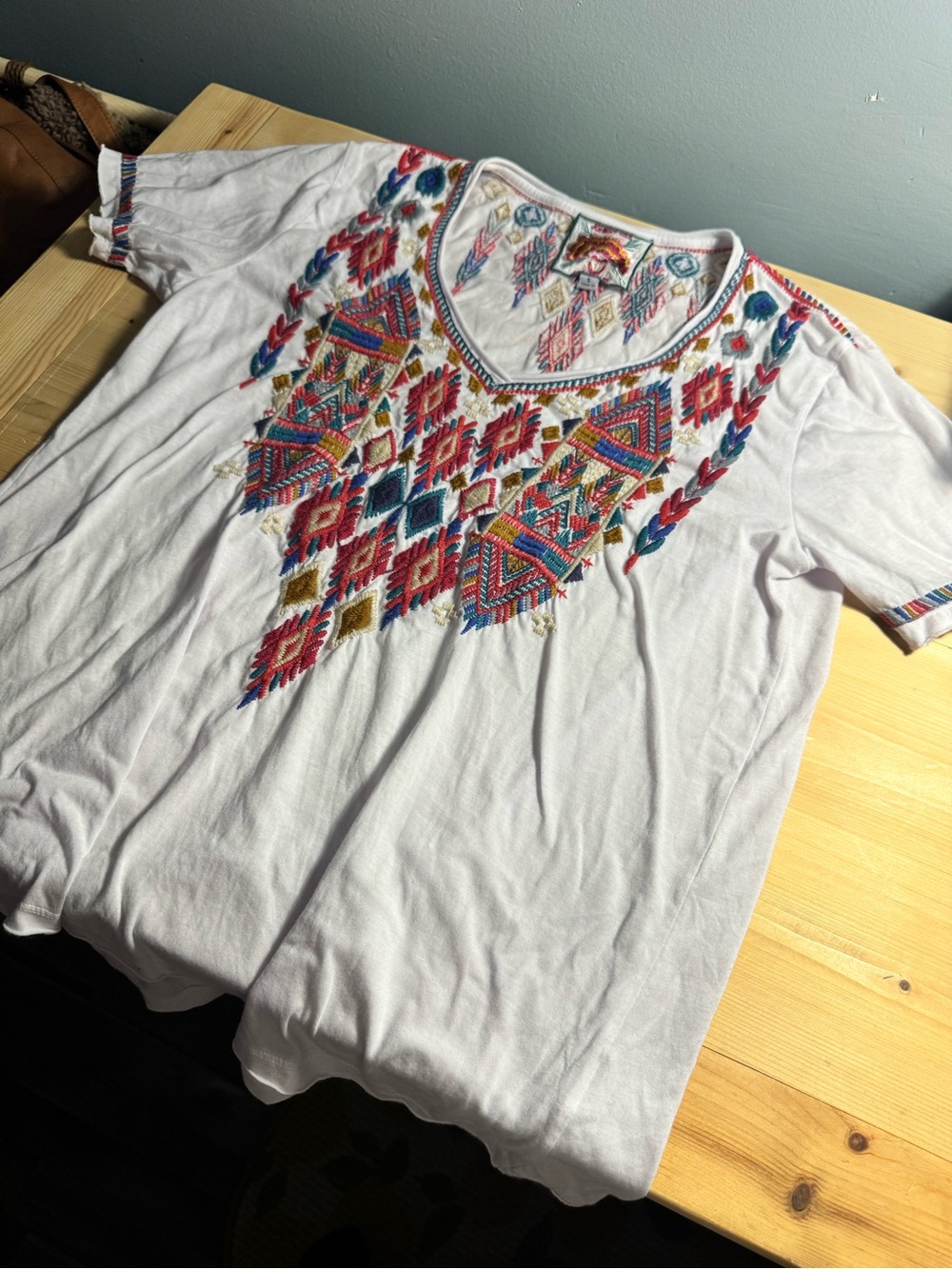 JOHNNY WAS Embroidered V-Neck White Women’s Top with Multicolor Aztec Stitching - Picture 8 of 11